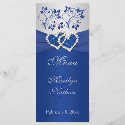 Royal Blue, Silver Floral Joined Hearts Menu Kaart (Voorkant)