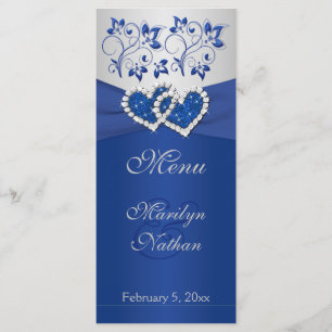 Royal Blue, Silver Floral Joined Hearts Menu Kaart