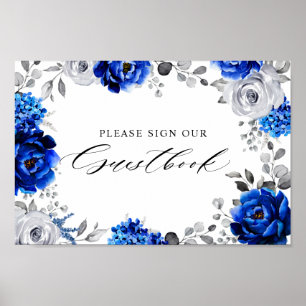Royal Blue Silver Floral Poster