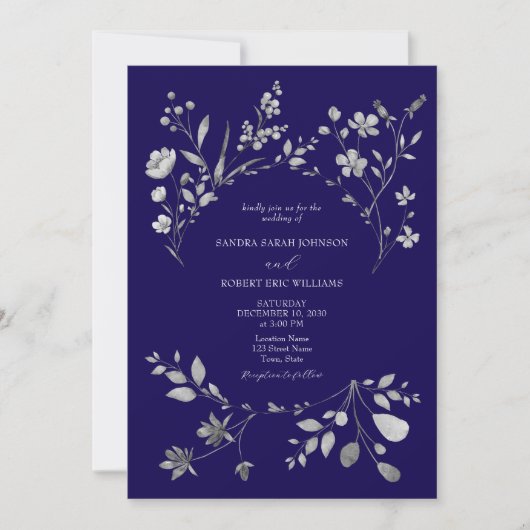 Royal Blue Silver Floral Wedding Invitation (Devant)