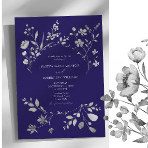 Royal Blue Silver Floral Wedding Invitation