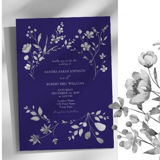 Royal Blue Silver Floral Wedding Invitation