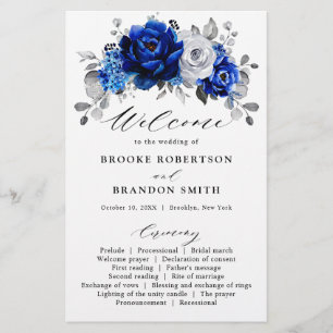 Royal Blue Silver Floral Wedding Programme