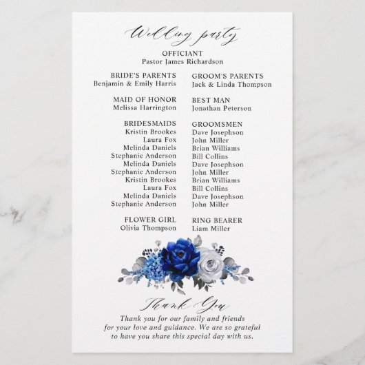 Royal Blue Silver Floral Wedding Programme (Achterkant)