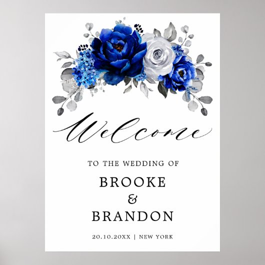 Royal Blue Silver Floral Wedding Welcome Poster (Voorkant)