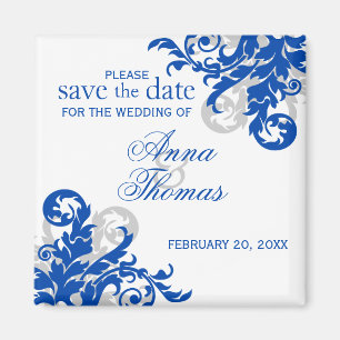 Royal Blue Silver Flourish Save the Date Magneet