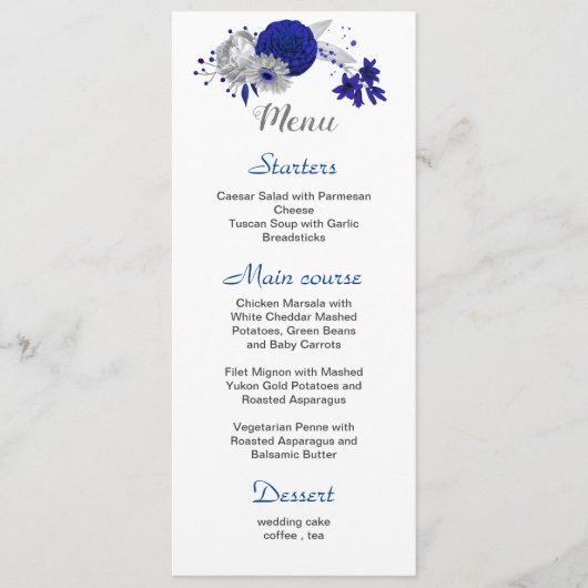royal blue silver flowers blanc mariage menu (Devant)