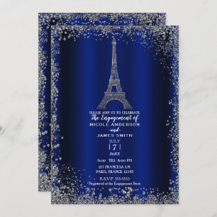 Royal Blue Silver Glitter Eiffel Tower Verloving Kaart