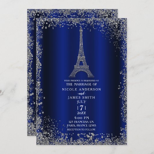 Royal Blue Silver Glitter Eiffel Tower Wedding Kaart (Voorkant / Achterkant)