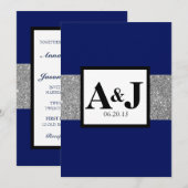 Royal Blue Silver Glitter Monogram Wedding Invite Kaart (Voorkant / Achterkant)