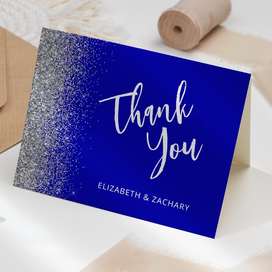 Royal Blue Silver Glitter Wedding Bedankt Card Kaart