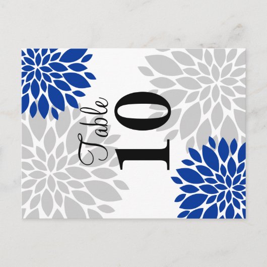 Royal Blue Silver-Gray Floral Burst Table Number Briefkaart (Voorkant)