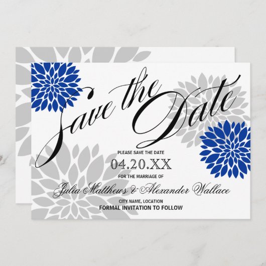 Royal Blue Silver-Grey Burst Script Save the Date (Voorkant / Achterkant)