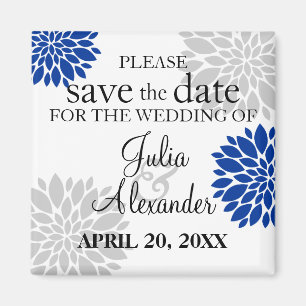Royal Blue Silver-Grey Floral Burst Save the Date Magneet