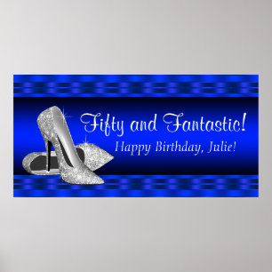 Royal Blue Silver High Hiel Birthday Party Banner Poster