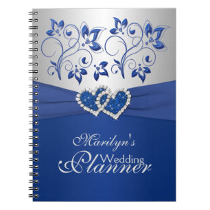 Royal Blue, Silver Joined Hearts Floral Notitieboe Notitieboek
