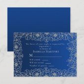 Royal Blue Silver Line Art Floral Quinceañera RSVP Kaartje (Voorkant / Achterkant)