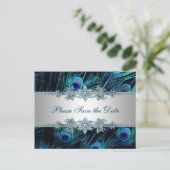 Royal Blue Silver Peacock Wedding Save the Date Aankondigingskaart (Staand voorkant)