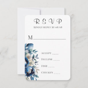 Royal Blue & Silver Peony Wedding RSVP Kaarten