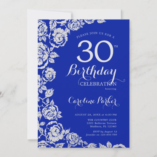 Royal Blue Silver Rozen 30e verjaardagsfeest Kaart (Voorkant)