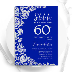 Royal Blue Silver Rozen Verrassing 60e verjaardag Kaart
