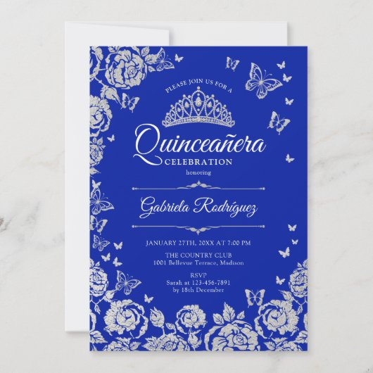 Royal Blue Silver Rozen Vlinders Quinceanera Kaart (Voorkant)