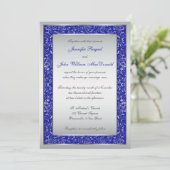 Royal Blue, Silver  Scroll Wedding Invite Kaart (Staand voorkant)