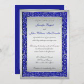 Royal Blue, Silver  Scroll Wedding Invite Kaart (Voorkant / Achterkant)
