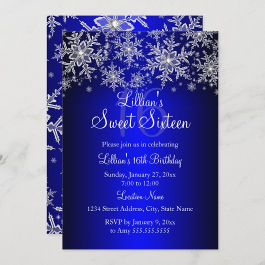 Royal Blue Silver Snowflake Sweet 16 Invitation (Devant / Derrière)