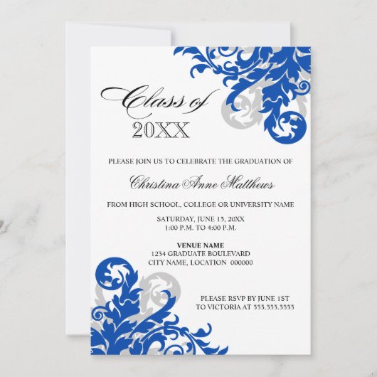 Royal Blue Silver Swirl Graduation Faire-part (Devant)