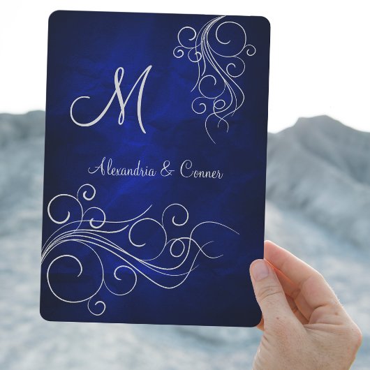 Royal Blue Silver Swirl Monogram Formal Wedding Kaart