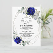 Royal Blue Silver White Ivory Geometric Wedding Kaart (Staand voorkant)