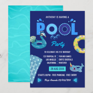 Royal Blue Summer Pool Birthday Party Kaart