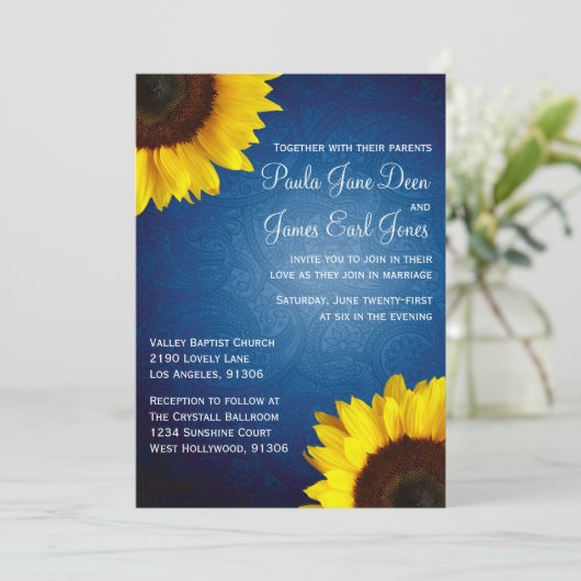 Royal Blue & Sunflower Faire-part de mariage (Debout devant)