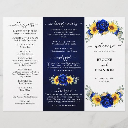 Royal Blue Sunflower Mariage Tri-fold Carte Progra (Devant)