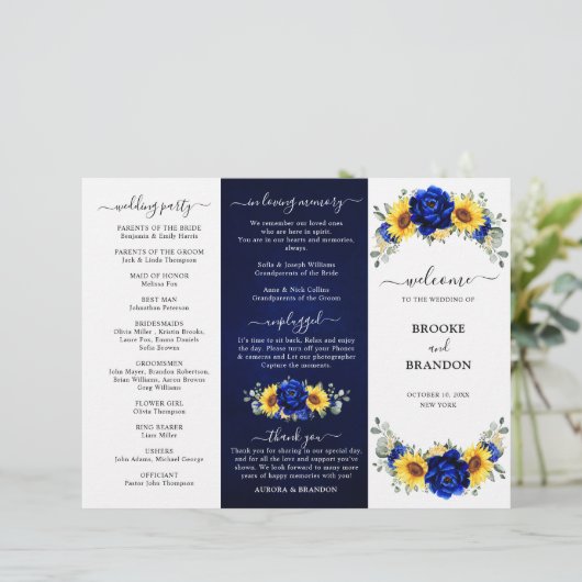 Royal Blue Sunflower Mariage Tri-fold Carte Progra (Debout devant)