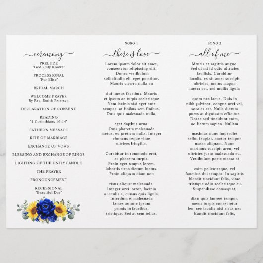 Royal Blue Sunflower Mariage Tri-fold Carte Progra (Dos)