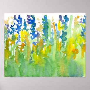Royal Blue Sunshine Yellow Waterverf Flowers Poster