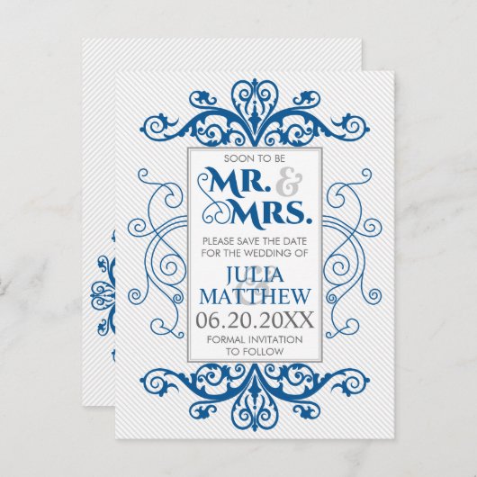 Royal Blue Swirls Wedding Save the Date Aankondigingskaart (Voorkant / Achterkant)