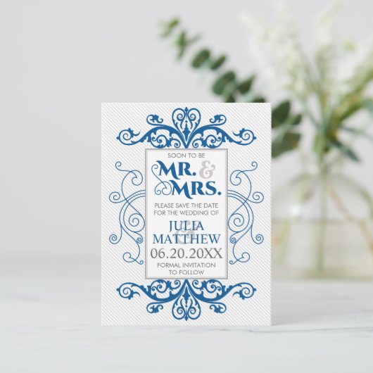 Royal Blue Swirls Wedding Save the Date Aankondigingskaart (Staand voorkant)