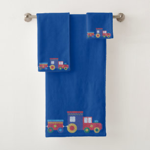 ROYAL BLUE TRAIN CHALKBOARD BATHROOM TOWEL SET BAD HANDDOEK