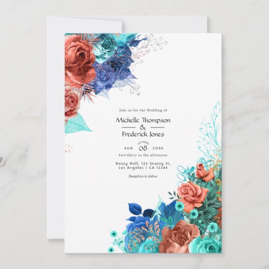 Royal Blue, Turquoise en koraal bloemenbruiloft Kaart (Voorkant)