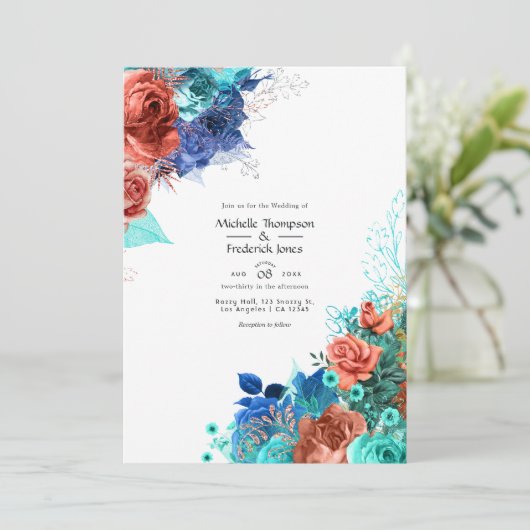 Royal Blue, Turquoise en koraal bloemenbruiloft Kaart (Staand voorkant)