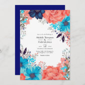 Royal Blue, Turquoise en koraal bloemenbruiloft Kaart (Voorkant / Achterkant)