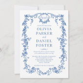 Royal Blue Victorian All in One QR Code Wedding Kaart (Voorkant)
