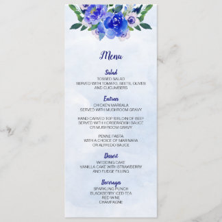 Royal Blue Waterverf Bloemenbruiloft Menu Kaart