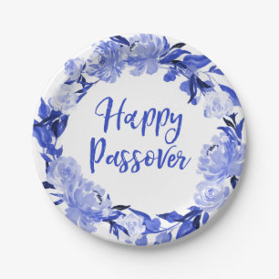 Royal Blue Waterverf Floral Happy Passover Papieren Bordje