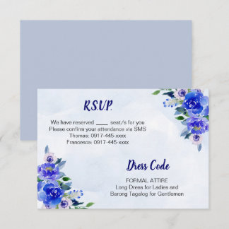 Royal Blue Waterverf Floral Wedding RSVP Kaart
