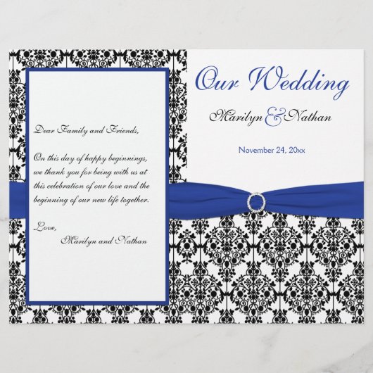 Royal Blue, White, Black Damask Wedding Programme (Voorkant)
