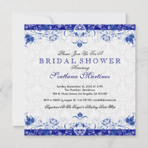 Royal Blue & White Damask Bridal Shower Uitnodigin Kaart